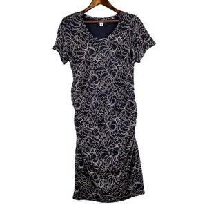 Motherhood Maternity Womens 1X Lace Ruched Midi Dress Navy Wedding Guest Formal